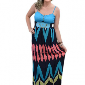 Rochie lunga de vara, cu figuri geometrice multicolore, lejera - Img 1