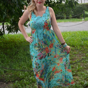 Rochie lunga de vara, turcoaz cu design multicolor si dantela - Img 4
