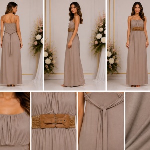 Rochie lungă elegantă bej-taupe cu bretele și curea lată - Img 2