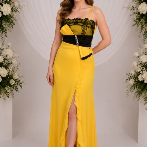 Rochie lunga, eleganta, din saten si voal galben si dantela neagra