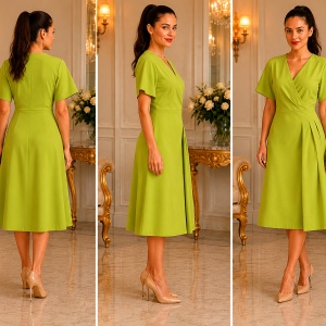 Rochie Midi Elegantă Verde Lime cu Decolteu Petrecut și Croială Feminină - Img 2
