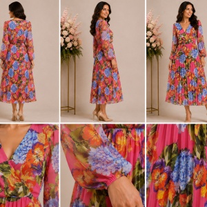 Rochie Midi Florală Fucsia cu Fustă Plisată și Mâneci Semitransparente - Img 2