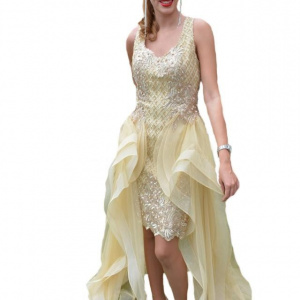 Rochie moderna de ocazie, aurie, cu broderie si paiete fine - Img 1