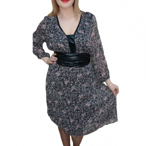 Rochie multicolora, design floral aplicat, centura neagra in talie - Img 1