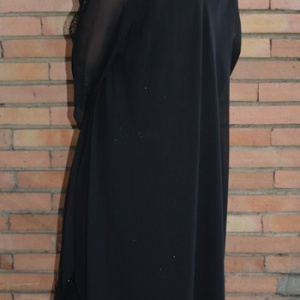Rochie neagra de ocazie, din material elastic lucios si voal peste - Img 4