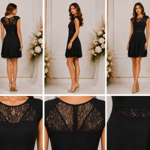 Rochie neagră elegantă cu dantelă și fustă cloș - Img 2