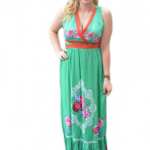 Rochie rafinata model lung, de culoare verde cu design floral - Img 1