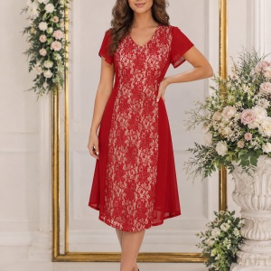Rochie rafinata, nuanta marsala, decolteu in V, dantela fina