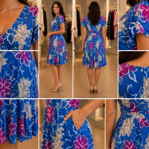 Rochie rafinata Raelynn, nuanta de alb-albastru, cu design floral - Img 3
