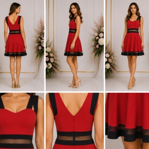 Rochie roșie elegantă cu detalii negre și inserții din tull - Img 2