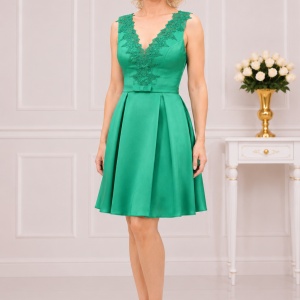 Rochie scurta de seara cu aplicatii de dantela, nuanta de verde