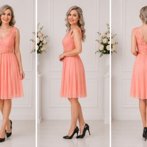 Rochie scurta eleganta, din dantela si voal, de nuanta corai - Img 3