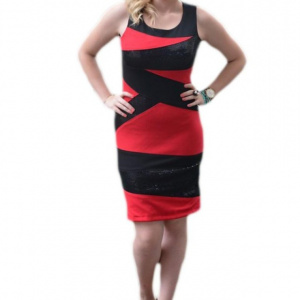 Rochie senzuala, rosu-negru si cu inserti de paiete negre - Img 1