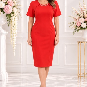 Rochie simpla de dama, de culoare rosie, cu decor auriu in fata