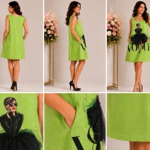 Rochie tip A verde lime cu imprimeu fashion 3D și buzunare - Img 2