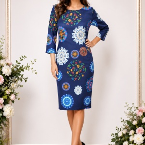 Rochie trendy, de culoare bleumarin, design floral chic