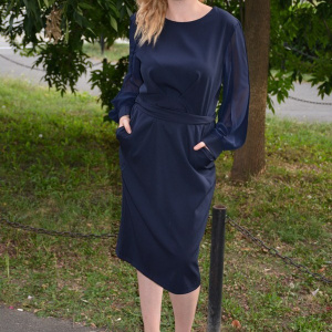 Rochie trendy de primavara, toamna, bleumarin, maneca de voal - Img 6