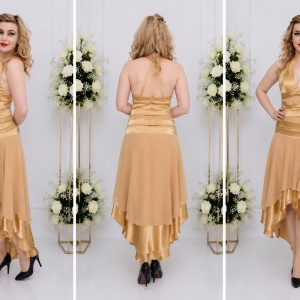 Rochie trendy de seara, cu lungime asimetrica, de culoare bej - Img 3