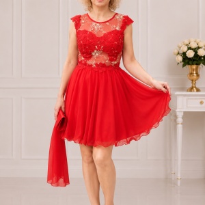 Rochie trendy de seara, nuanta rosie cu broderie florala aurie