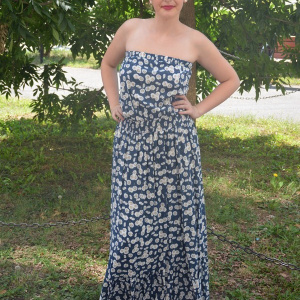 Rochie vaporoasa de vara, model lung, culoare bleumarin cu alb - Img 2