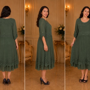 Rochie vaporoasa Laura,insertii de dantela si paiete,nuanta de kaki - Img 3