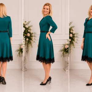 Rochie verde de ocazie cu insertie de dantela neagra, decolteu V - Img 3