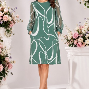 Rochie Verde Salvie cu Imprimeu Abstract, Mâneci din Voal și Nasturi la Spate