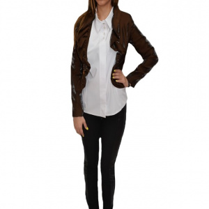 Sacou feminin, rafinat, material lucios, aspect diferit, pe maro - Img 1
