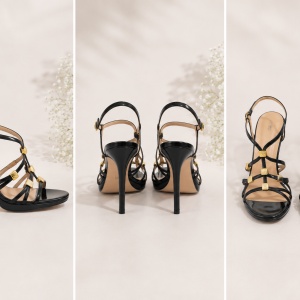 Sanda fashion, eleganta, curele subtiri negre cu insertii aurii - Img 3