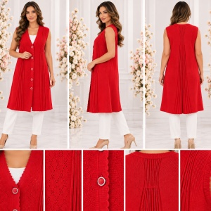 Vestă Damă Lungă Rosu cu cristale fine, din Lână și Acrilic – Model Tricotat Elegant cu Nasturi - Img 2