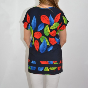 Bluza casual, cu imprimeu de frunze multicolor, pe fundal bleumarin - Img 6