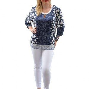 Bluza casual de dama, masura mare, bleumarin cu design alb - Img 1