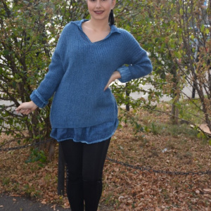 Bluza casual Ioana din tricot cu guler,nuanat de bleumarin - Img 2