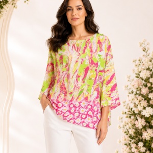 Bluză Damă Oversize Neon cu Imprimeu Abstract și Margine Florală