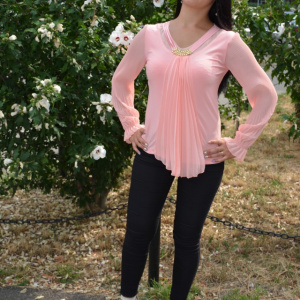 Bluza fashion cu maneca lunga si design de fronseuri, roz pudra - Img 4