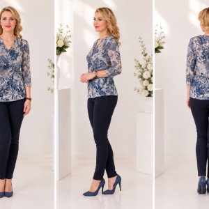 Bluza moderna, aspect brodat, usor transparenta, in nuanta de bleumarin - Img 3