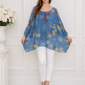 Bluza moderna de vara , cu imprimeu floral, nuanta de albastru