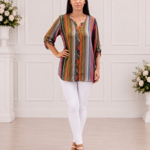Bluza oversize cu nasturi in fata si dungi fine, multicolore