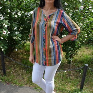 Bluza oversize cu nasturi in fata si dungi fine, multicolore - Img 4