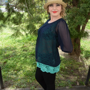 Bluza rafinata de ocazie, voal bleumarin cu dantela turcoaz - Img 3