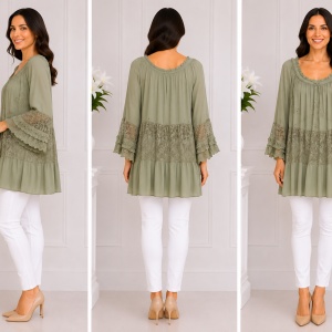Bluza rafinata Luna cu insertii de dantela ,nuanta de khaki - Img 3