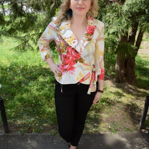Bluza rafinata tip camasa, multicolora, cu maneca trei-sferturi - Img 2