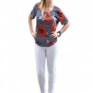 Bluza tinereasca cu imprimeu de dungi bleumarin si flori rosii