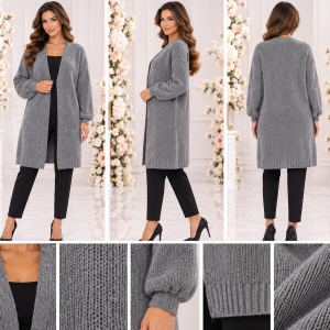 Cardigan Damă Lung Gri din Tricot cu Mohair și Lână – Model Elegant - Img 2