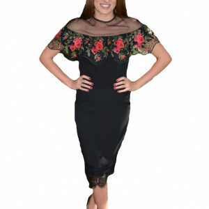 Fusta eleganta cu insertie de dantela fina la baza, neagra - Img 1