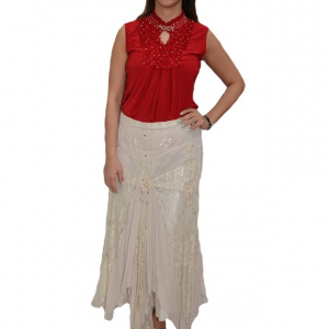 Fusta lunga, eleganta, de culoare bej, cu insertii de broderie - Img 1