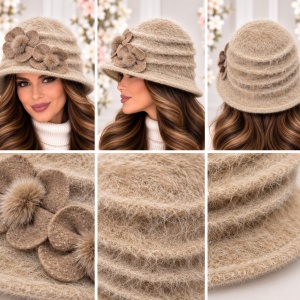 Pălărie Damă Elegantă Reglabilă – Model cu Flori Decorative, bej-maro - Img 2