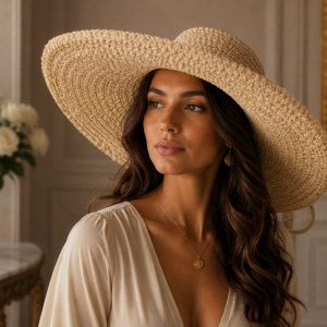 Pălărie de Damă Crem cu Boruri Largi și Detalii Elegante - Img 2