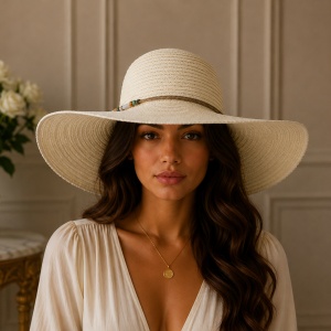 Pălărie de Damă Ivory cu Boruri Largi și Detalii Elegante