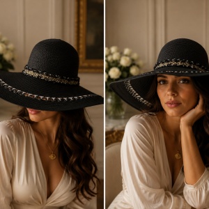 Pălărie de Vară Chic pentru Plajă și Vacanță Nuanta de Negru- ALB Deschis Design Dantelat - Img 2